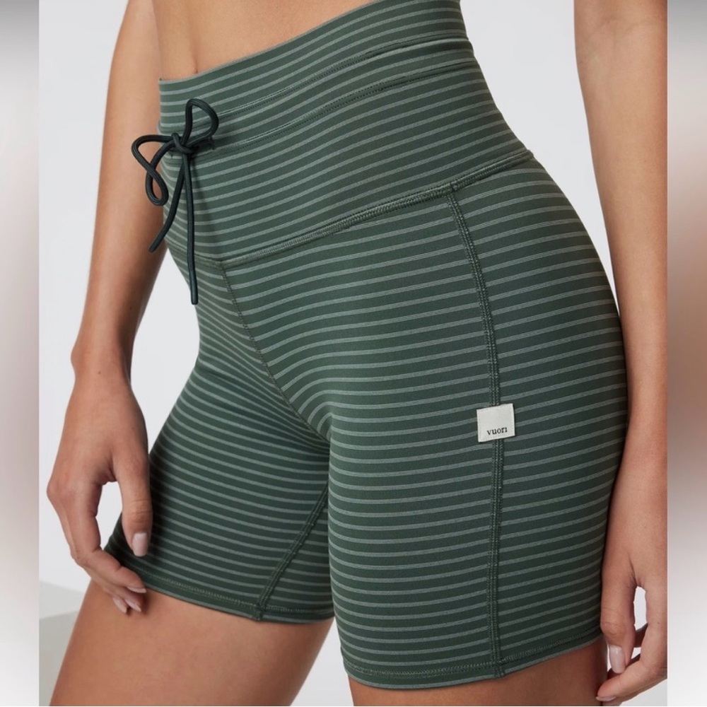 Vuori Women's Olive Striped Bike Shorts